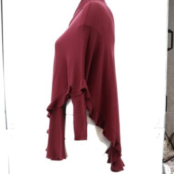 NWT‎ COLLEEN LOPEZ OPEN FRONT RUFFLE PONCHO SWEATER WINE M/L - Picture 5 of 11
